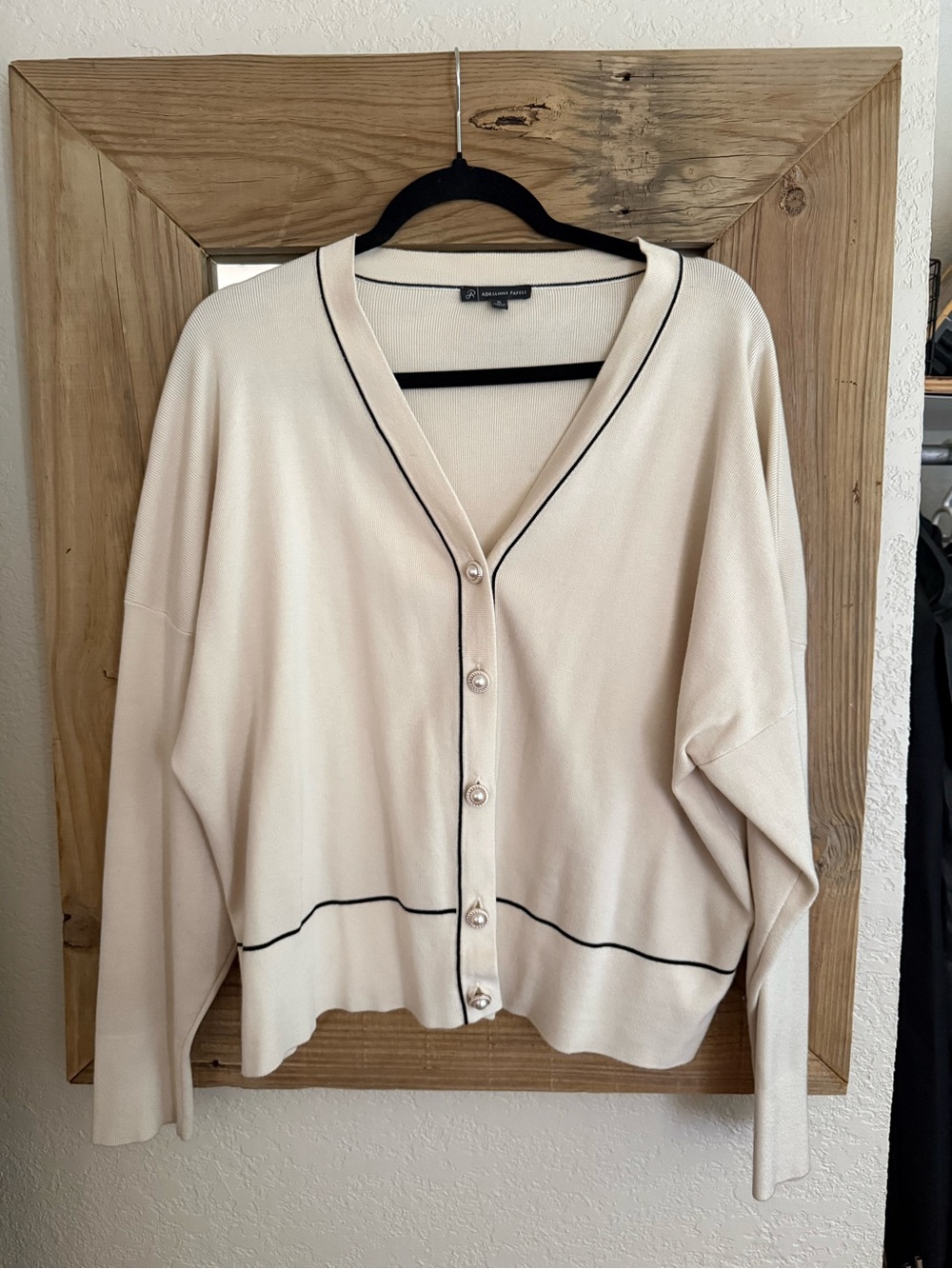 Adrianna Papell Cream Cardigan with Black Trim & Pearl Buttons